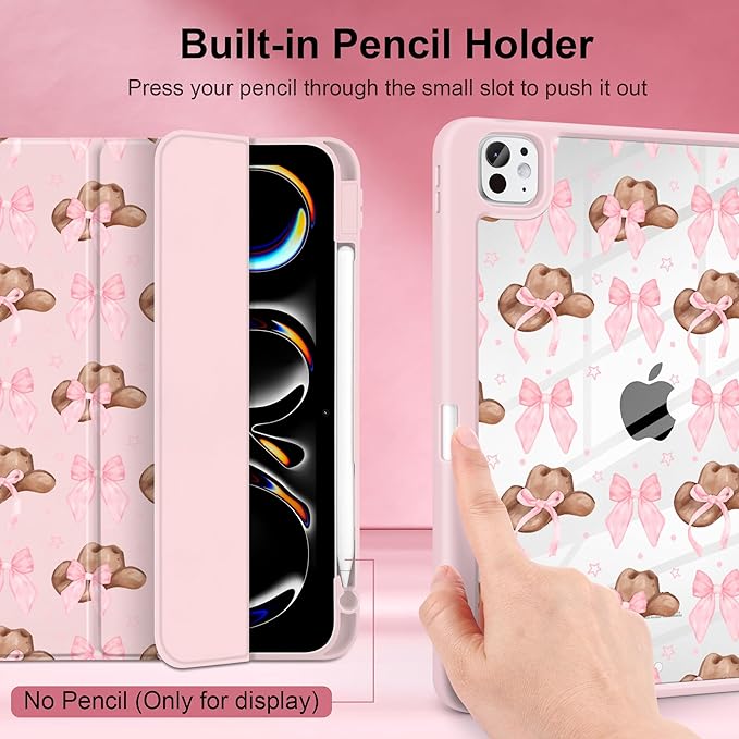 Case for iPad Pro 13 inch (M5) 2025 (M4) 2024 Release with Pencil Holder - Aesthetic Cute Preppy Design Trifold Cover with Soft TPU Bumper Clear Back Auto Sleep/Wake for Girls Women, Hat