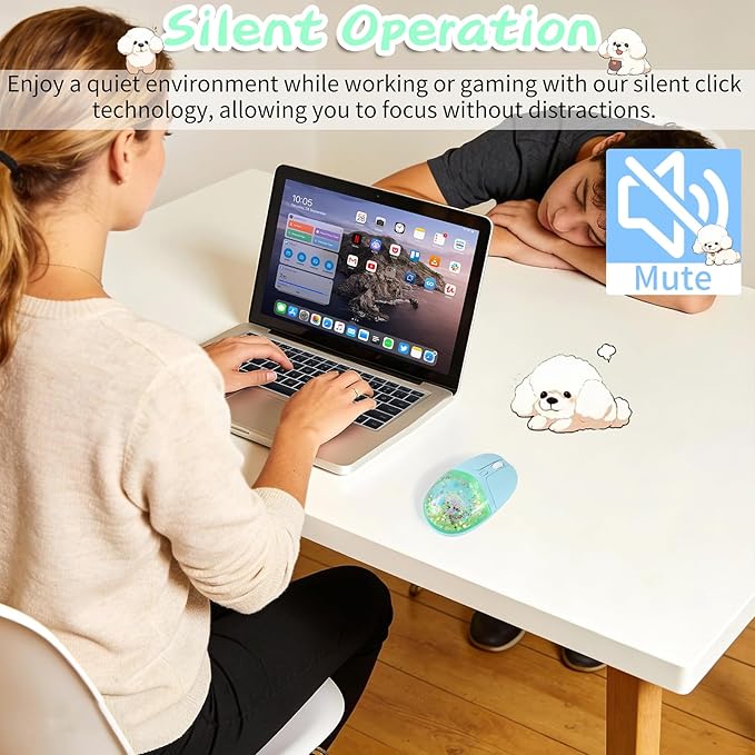 elec Space Wireless Bluetooth Mouse -Cute Clear Aqua Design, Glitter Liquid Sand Water Mouse with Optical Precision, Silent Clicks, LED Breathing Light,Transparent Retro Style for Home Office (Green)