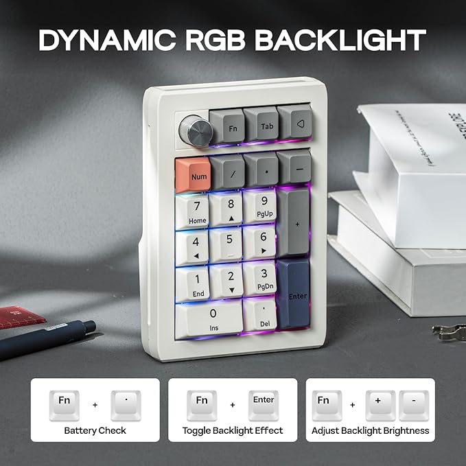 EPOMAKER EK21 VIA Gasket Number Pad with 1000mAh Battery, BT 5.0/2.4GHz/Wired Hot-Swap Numpad with Aluminum Alloy knob, Programmable for Win/Mac/Gaming (Retro White, Wisteria V2 Switch)