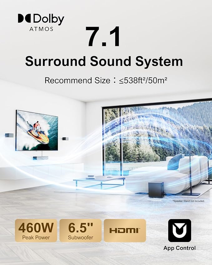 ULTIMEA 7.1CH Surround Sound System for TV, Soundbar with Dolby Atmos, 6.5" Wireless Subwoofer, APP Control, 4 Wired Surround Speakers, Peak Power 460W Soundbar for TV, Poseidon D80 (New 2025 Model)