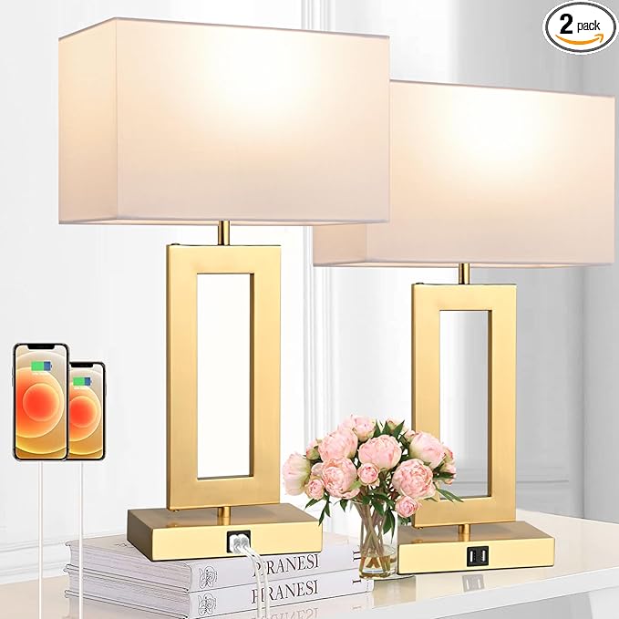 BrightWe 22’’ Set of 2 Touch Control Table Lamps w. 2 USB Ports, 3-Way Dimmable Bedroom Bedside Nightstand Touch Lamps, Modern Gold&White Lamps for Living Room End Table, LED Bulbs Included