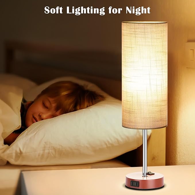ZJOJO Table Lamp for Bedroom 2 Pack,18in Bedside Lamps with 3 Way Dimmable Rocker Switch & AC Outlet,Nightstand Desk Lamp with Gray Fabric Shade Brown Base for Living Room Home Decor Lights
