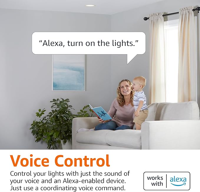 Amazon Basics Smart BR30 LED Light Bulbs, Color Changing, 9W (60W Equivalent), 800LM, Energy Efficient, Voice Control, Works with Alexa Only, 2.4 GHz Wi-Fi, No Hub Required, 4-Pack