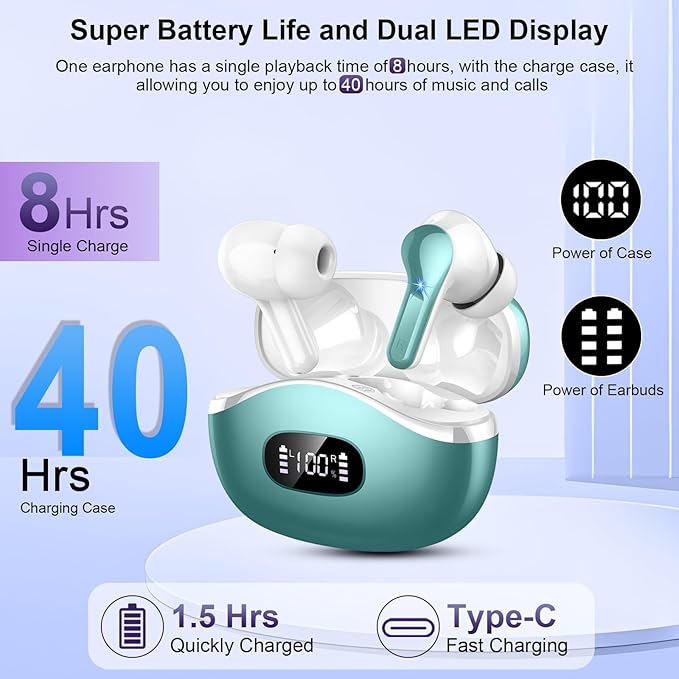 Wireless Earbuds, 48Hrs 2026 Bluetooth Headphones, Hi-Fi Stereo Deep Bass Ear Buds, ENC Noise Cancelling Mic, Clear Calls, IP-X7 Waterproof, USB Sport Earphones in Ear for Phones Laptop Pad, Green