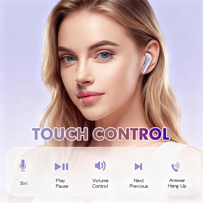 True Wireless Earbuds Purple Bluetooth 5.3 with Microphone for Working Out Noise Canceling Blue Tooth Ear Buds Deep Bass TWS Wireless Earphones with Charging Case in Ear Headphone for iPhone Android