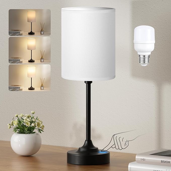 Fenmzee Touch Nightstand Bedroom Lamp - 3 Way Dimmable Bedside Lamp, Small Table Lamp Linen Lampshade for Office Desk, LED Bulb Included