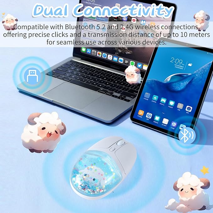 elec Space Wireless Bluetooth Mouse -Cute Clear Aqua Design, Glitter Liquid Sand Water Mouse with Optical Precision, Silent Clicks, LED Breathing Light,Transparent Retro Style for Home Office (Blue)
