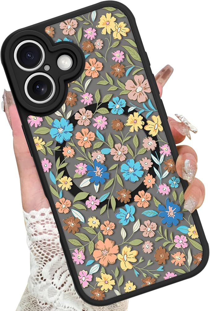 KANGHAR Case Compatible with iPhone 16 Plus Flower Pattern [Compatible with Magsafe] Cute Colorful Blooming Florals Protective Magnetic Case for Girls Women 6.7"