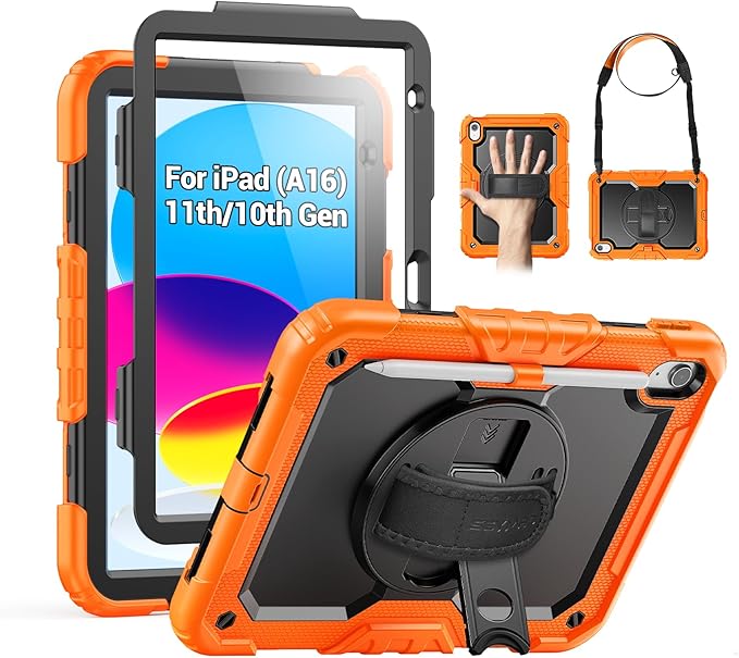 SEYMAC Case for iPad (A16) 11th/10th Generation 2025/2022 (11″/10.9″), Sturdy Heavy Duty Full-Body Shockproof Protective Case with Screen Protector, Rotating Stand, Hand/Shoulder Strap, Black/Orange