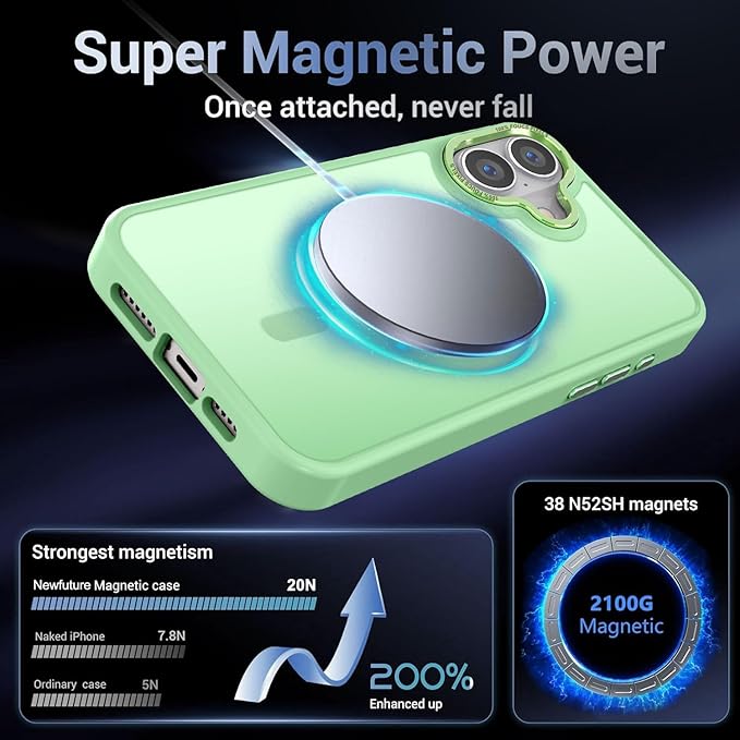 Newfuture Designed for iPhone 16 Case with Magnetic [13 FT Military Drop Protection] [Compatible with Magsafe] Slim Translucent Matte Shockproof with Anti-Fingerprint Phone Case, Matcha Green