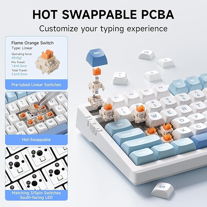 MCHOSE G98 PRO Wireless Gaming Keyboard, Tri-Mode Connection Mechanical Keyboard, Hot Swappable Custom Gasket Structure, Pre-lubed Linear Switches, Double Shot PBT Keycaps, RGB LED Backlit, Blue&White