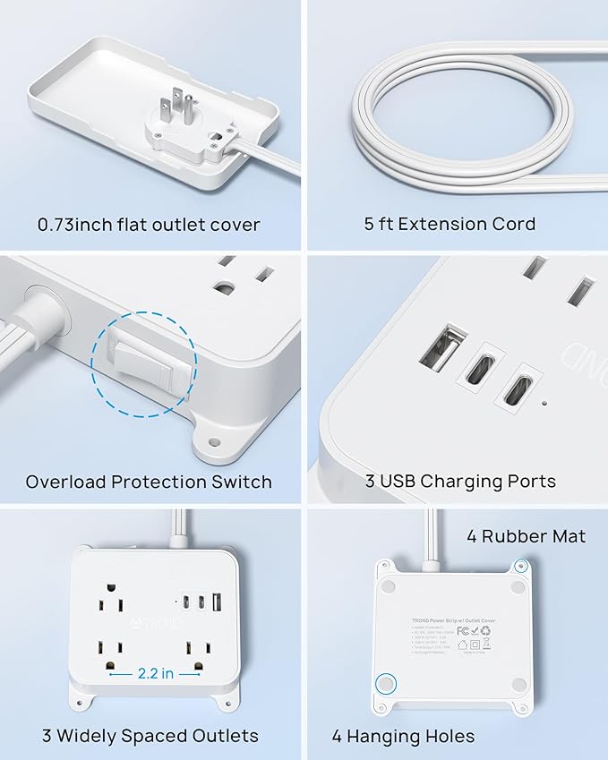 TROND Flat Outlet Cover Extension Cord, 3 AC Widely Spaced with 2 USB C Charger, 5FT Plug Concealer Power Strip, Wall Mount Behind TV, Hidden Under in-Drawer Desk Cabinet Vanity Counter