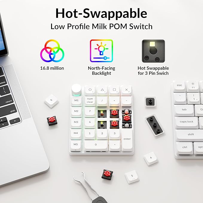 Keychron K0 Max QMK Wireless Custom Number Low-Profile RGB Backlit (Hot-Swappable) Red Switch Keypad, 2.4 GHz & Bluetooth 5.3 Connection, 1000Hz Polling Rate - White
