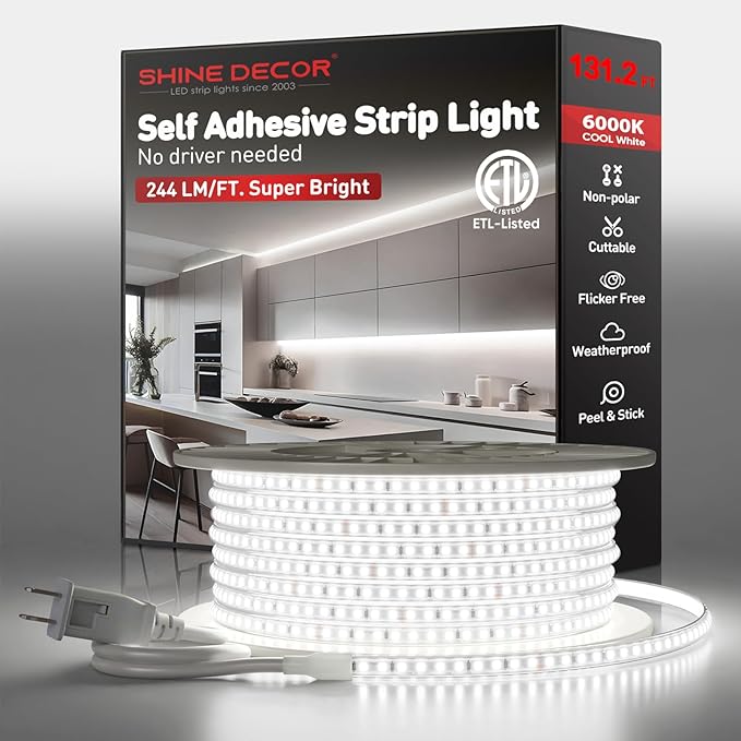 Shine Decor LED Strip Light Super Bright 32000LM, Plug&Play 120V Driverless Easy Wiring, Flicker Free Weatherproof for Outdoor Indoor, Min. 3.9” Cuttable Stickable, 6000K Cool White 131FT ETL Listed