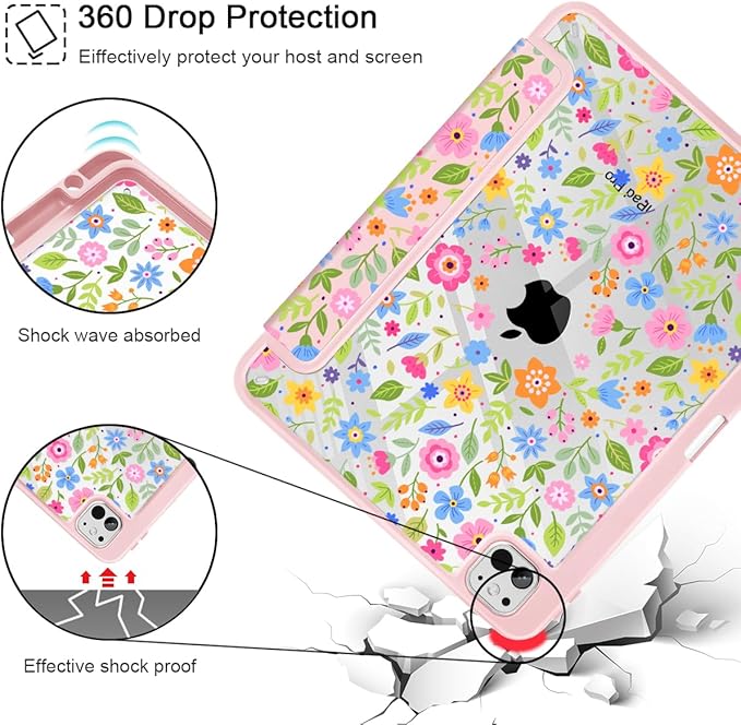 May Chen Case for iPad Pro 11-Inch M5/M4 2025/2024 (6th/5th Generation), Clear Transparent Print Back Shell Slim Stand Shockproof Tablet Cover, Auto Wake/Sleep, Small Flowers