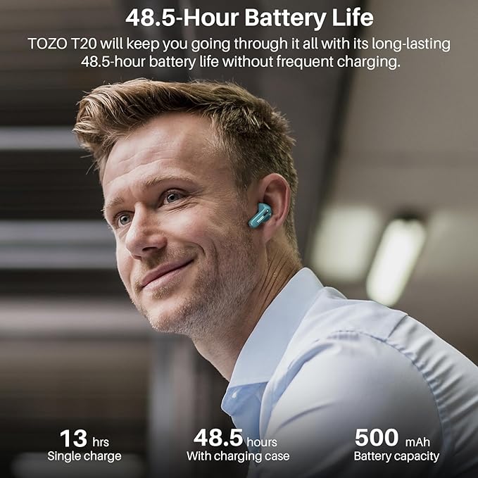 TOZO T20 Wireless Earbuds Bluetooth Headphones 48.5 Hrs Playtime with LED Digital Display, IPX8 Waterproof, Dual Mic Call Noise Cancelling 10mm Broad Range Speakers with Wireless Charging Case Green