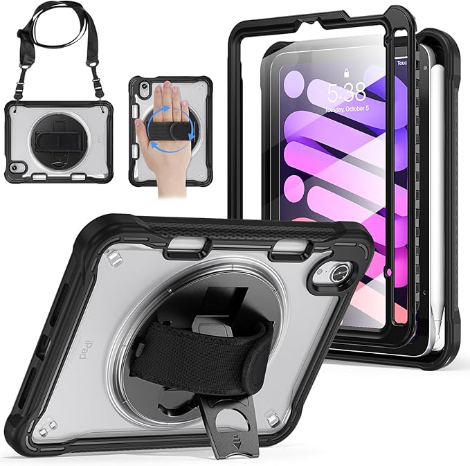 BRAECNstock Case for iPad mini 7 (A17 pro) 2024 & Mini 6 2021 8.3-inch,Shockproof Protective Cover with Pencil Holder,Screen Protector,360° Rotating Hand Strap/Stand-Black