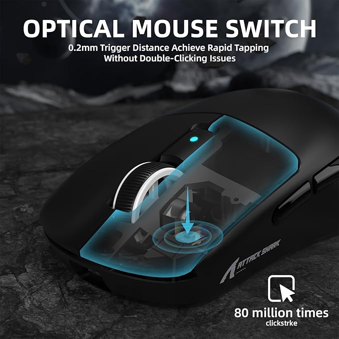 ATTACK SHARK R6 39g Superlight Wireless Gaming Mouse,PixArt PAW3950MAX 42000 DPI,MCU Nodic 52840 Computer Mouse,8K Polling Rate Web Driver,BT/2.4Ghz/Wired Tri-Mode Mice with Coiled Cable-Black