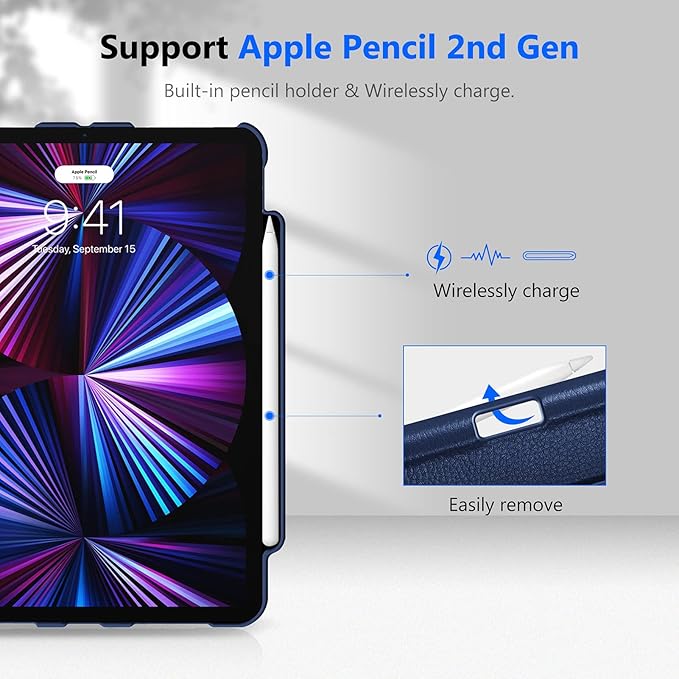 Fintie Rotating Case for iPad Pro 11-inch (4th / 3rd Generation) 2022/2021-360 Degree Swiveling Stand Cover w/Pencil Holder, Auto Sleep/Wake, Also Fit iPad Pro 11" 2nd/1st Gen, Navy
