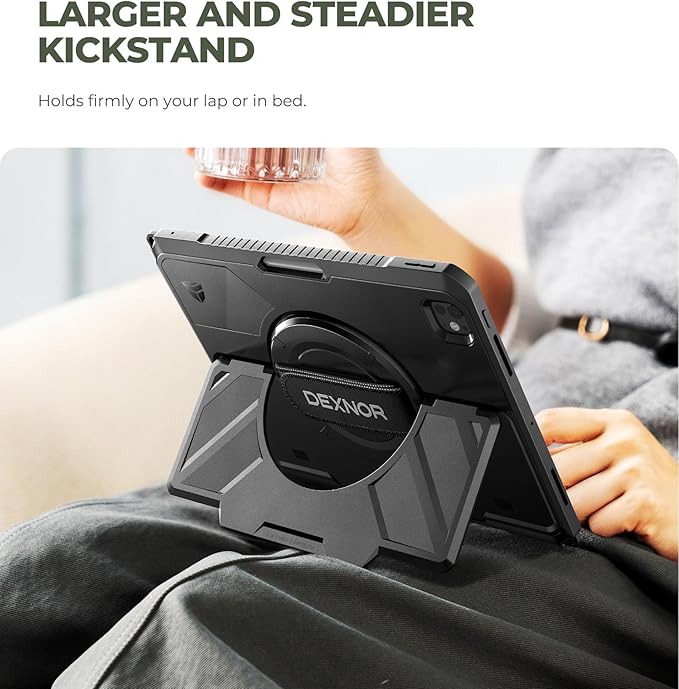 Dexnor for iPad Pro 13 inch Case M5 2025/M4 2024, Rugged Protective Case with 360° Rotating Hand Strap & Large Steady Stand & Screen Protector & Pencil Holder Shockproof Full-Body Bumper Cover,Black