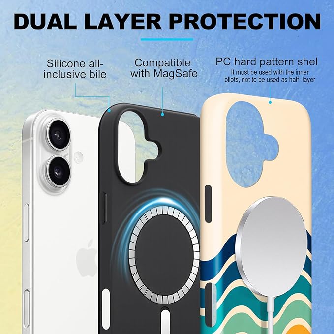 Magnetic for iPhone 16 Case Cute Stripes Phone Case, Shockproof Slim TPU and Hard PC Protective Phone Cover Compatible with MagSafe Designed for Women Girls,Retro Wave