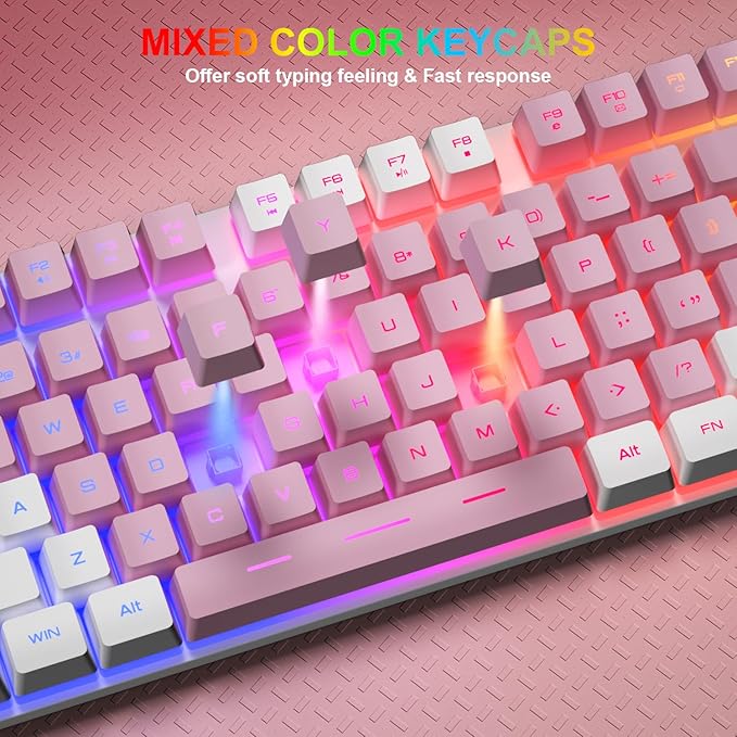 BlueFinger RGB Gaming Keyboard and Backlit Mouse Combo, USB Wired, LED Gaming Set for Laptop PC Computer Game and Work (White & Pink)