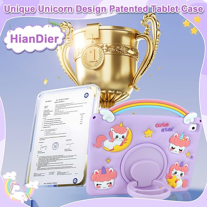 HianDier for iPad 9th 8th 7th Generation Case Kids Girls Cute Unicorn with Rainbow Handle Detachable Lanyard Rotatable Kickstand Shockproof Protective Cover for iPad 10.2 Case 2021 2020 2019-Purple
