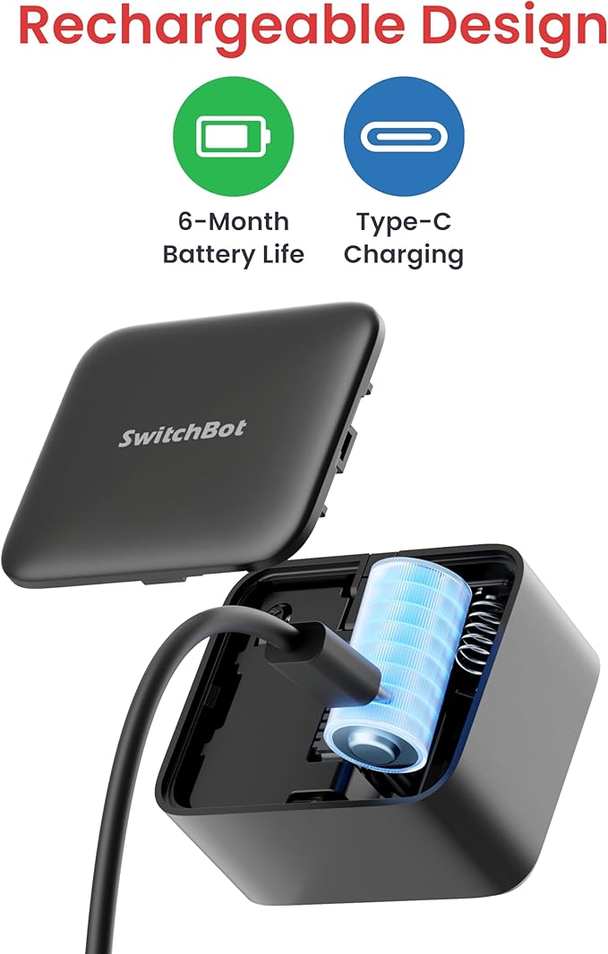 SwitchBot Rechargeable Smart Switch Button Pusher (Bluetooth) – Fingerbot for Rocker/One-Way Buttons, App Timer Control, No Wiring, Optional Hub for Voice/Remote, Black