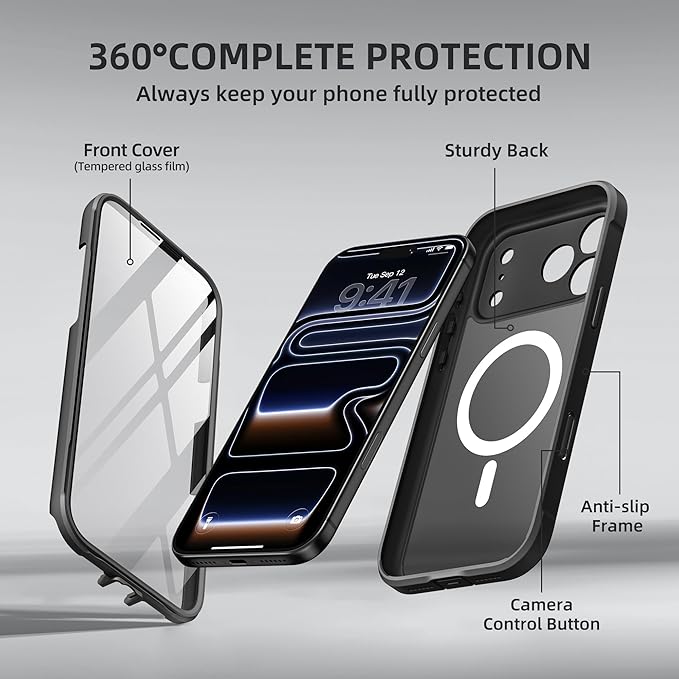BERFY for iPhone 17 Pro Max Case, Compatible with MagSafe, Built-in Glass Screen Protector, Camera Protection, Shockproof Full Body Phone case 6.9", Translucent Black