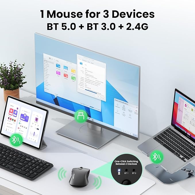 TECKNET Rechargeable Bluetooth Mouse, [ USB + BT5.0 + BT3.0 ] Wireless Mouse, Ergonomic Design, Silent Click, 6-Level 4800 DPI Wireless Mice, 3-Device Switching for Laptop, Computer, MacBook（Grey）