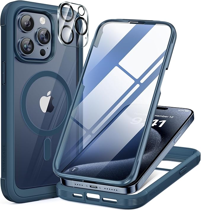Miracase Magnetic for iPhone 15 Pro Case [Compatible with MagSafe] Full-Body Phone case with Built-in Glass Screen Protector& Camera Protector, Military Drop Proof 15 Pro Cover 6.1 inch, Storm Blue