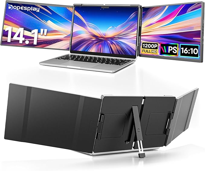 Dopesplay 14.1" Triple Portable Monitor with Case FHD 1920x1200 IPS Laptop Screen Extender Type-C/USB, Plug & Play | Fits 14"-17" Laptops, Compatible with Mac/Windows/Chrome/Switch