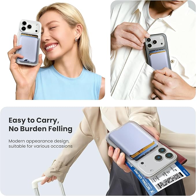Stronger Magnetic Wallet for iPhone 17/16/15/14/13/12 Series, Slim Leather Magnetic Card Holder with RFID Blocking, N52 Magnet Phone Wallet, Fit 3 Cards, Light Purple