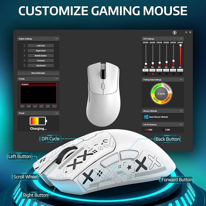 ATTACK SHARK R1 Wireless Gaming Mouse,Tri-Mode Connection (2.4G/Wired/BT5.2),55g Lightweight,18K DPI Optical Sensor,HUYU 20 Million Key Life,Ergonomic Design,for PC/Laptop/Win/Mac(White+Sticker)