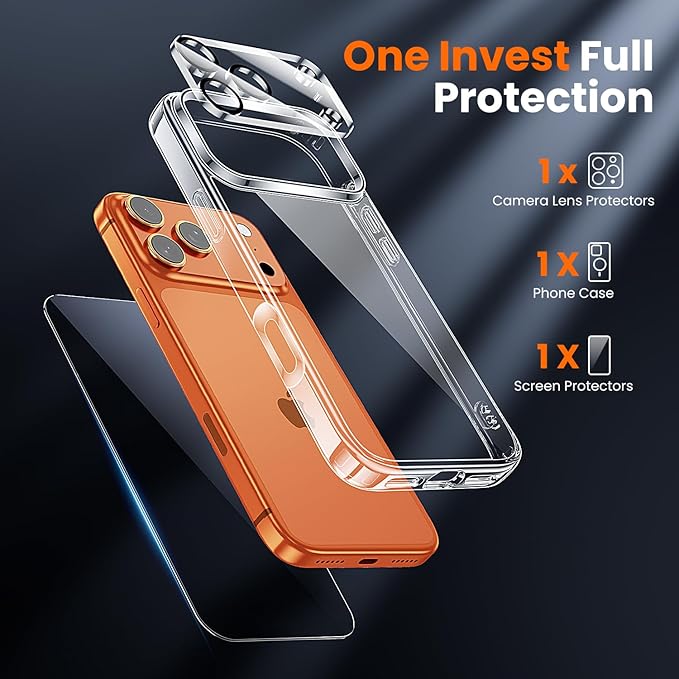 toushion 3 in 1 for iPhone 17 Pro Case Clear,Yellowing-Resistant Acrylic Back, Screen Protector *1 & Camera Lens Protector*1, Shockproof for Phone Cover 6.3 inch