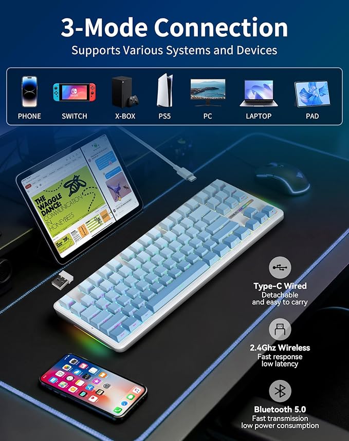 AULA F87 Pro Wireless Mechanical Keyboard, 87-Key TKL 8000mAh Battery, Tri-Mode (BT5.0/2.4G/USB-C), Hot Swappable Gasket Mount Keyboard, RGB Backlit PBT Keycaps Custom Gaming Keyboard for PC Mac Phone