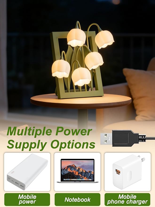 Flower Lamp,Bedside Vintage Table Lamps,5 Lily of The Valley Night Lights,3 Colors Modes Kawaii Bedside Lamp Decor,Cute Desk Lamp for Bedroom,Living Room,Office Home Decor(Green Picture Frame)