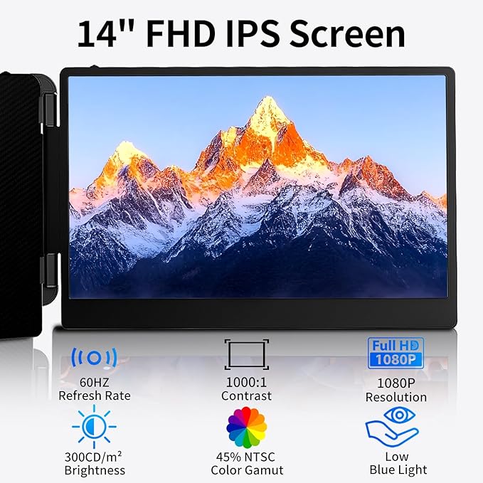 Laptop Screen Extender 14" - Dual Portable Monitor FHD 1080P IPS Second Screen for 13"-17" Laptops, Plug & Play for Trip/Remote Work Compatible with Windows/Mac/Android/Chrome