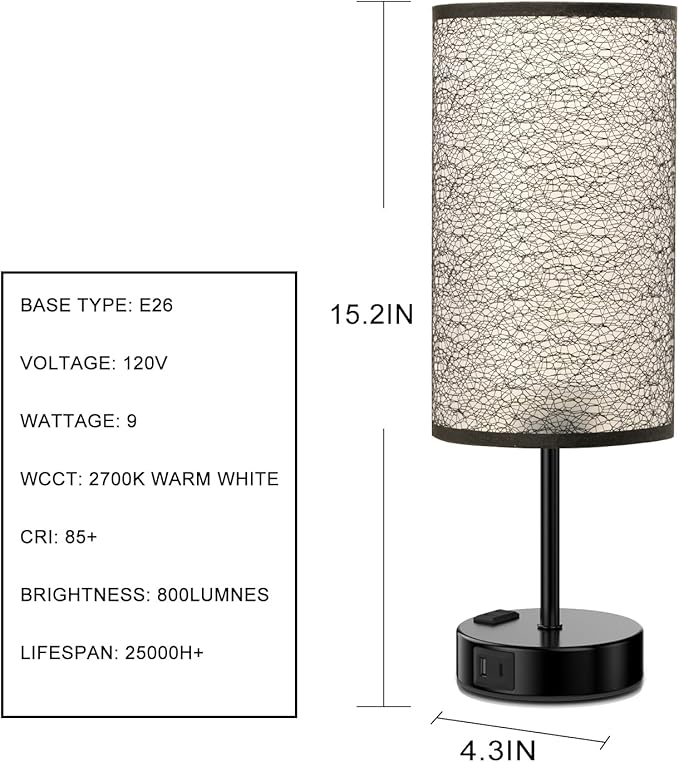 Table Lamp for Bedroom with Touch Control,Bedside Lamp with USB C+A Charging Ports& AC Outlets, Adjustable 3color LED Light for Home Decor/Nightstand/Bedroom/Office,Included Bulb and Fabric Lamp Shade