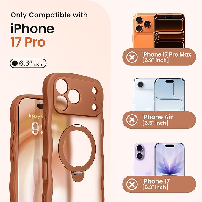 CAPRARO for iPhone 17 Pro Case with 360° Spin Magnetic Stand for Women, [Compatible with MagSafe] [Full Camera Protection] Cute Wave Translucent Matte Case for iPhone 17 Pro, Cosmic Orange