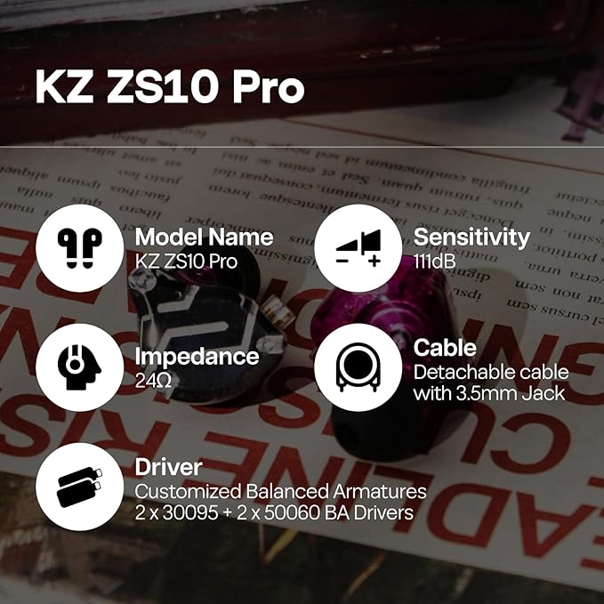 Linsoul KZ ZS10 Pro, 4BA+1DD 5 Driver in Ear Monitor, HiFi Wired Earbuds, Gaming Earbuds, Hybrid IEM Earphones with Stainless Steel Faceplate, Detachable Cable for Musician (with Mic, Purple)