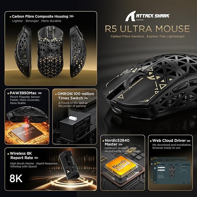 ATTACK SHARK R5 Ultra Carbon Fiber Wireless Gaming Mouse,39g Superlight Hollowed-Out,PAW3950MAX Optical Sensor Nordic 52840 MCU 8K Polling 42K DPI,Tri-Mode Programmable Mice with Coiled Cable-Black