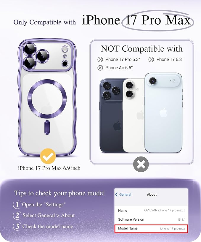 GVIEWIN for iPhone 17 Pro Max Case Compatible with MagSafe, Upgraded [Full Camera Protection][Cute Wave Frame][Military Grade Protection] Electroplated Hard Phone Cover for Women Girl, Clear/Purple