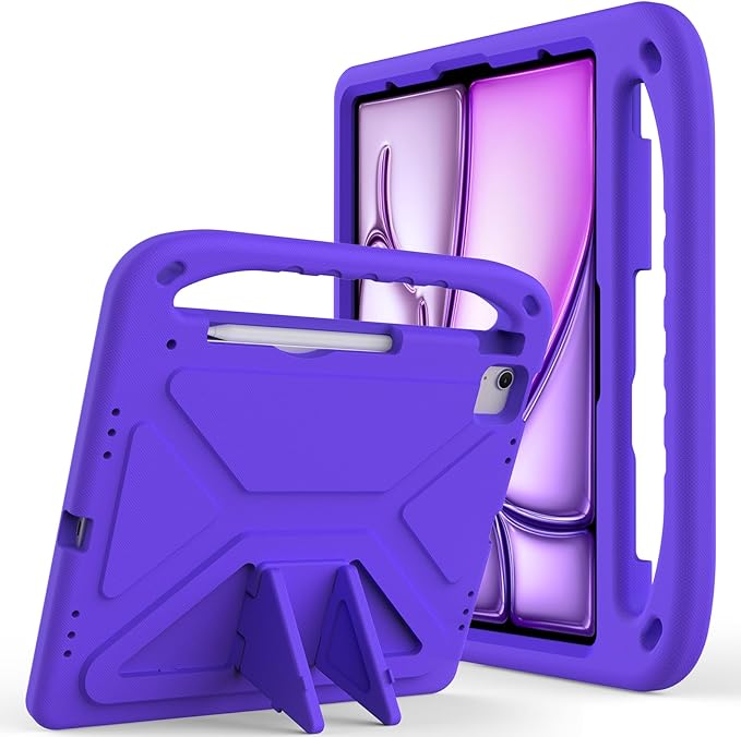 Kids Case for iPad Pro 13 inch (M5) 2025/ (M4) 2024, with Pencil Holder/Kickstand/Handle Stand Lightweight Cute Soft EVA Shockproof Silicone Anti-Slip Grip Rugged Girls Boys Cover, Purple