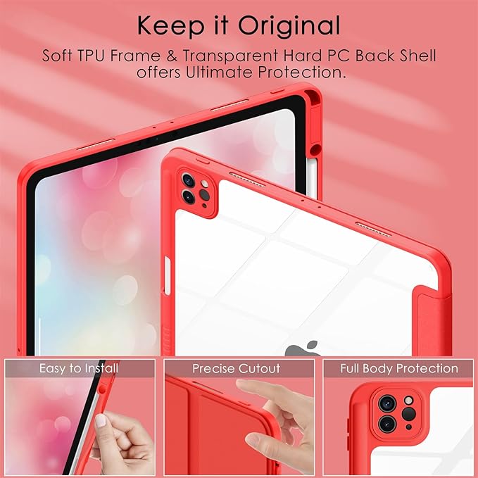 Soke Case for iPad Pro 12.9 Inch (6th/5th/4th/3rd Generation, 2022/2021/2020/2018) - Pencil Holder + Auto Sleep/Wake + Camera Protection, Transparent Shockproof Back Cover, Burgundy Red