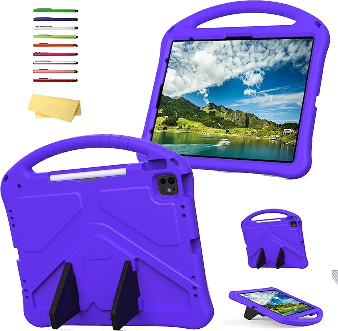 Kids Case for iPad Pro 13 inch M5/M4 (2025/2024) with Kickstand/Pencil Holder/Handle Stand Lightweight Soft EVA Foam Shockproof Heavy Duty Rugged Protection Kids Girls Boys Cover, Purple