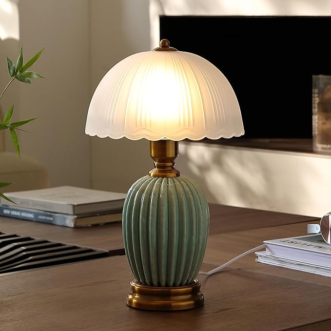Glivpny Vintage Table Lamp for Living Room,16" Mid Century Modern Ceramic Lamps for Bedroom,Retro Bedside Nightstand Mushroom Glass Lamps, Classic Chinoiserie Green Lamp for Home Decor (LD003)
