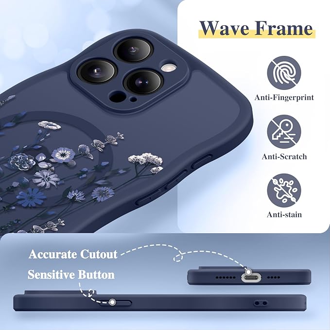 GVIEWIN for iPhone 15 Pro Max Case Compatible with MagSafe [Curly Wave Edge][Full Camera Protection] Floral Translucent Shockproof Magnetic Women Phone Case for 15 Pro Max 6.7'', Floratopia/Blue