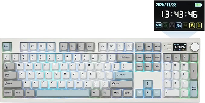 EPOMAKER QK108 Full Size Mechanical Keyboard with Screen & Knob, 8000mAh, QMK/VIA, Creamy&Thocky, Gasket, RGB Backlit, Mac Keycap, Wireless Gaming Keyboard (White Cyan, Sea Salt Silent)
