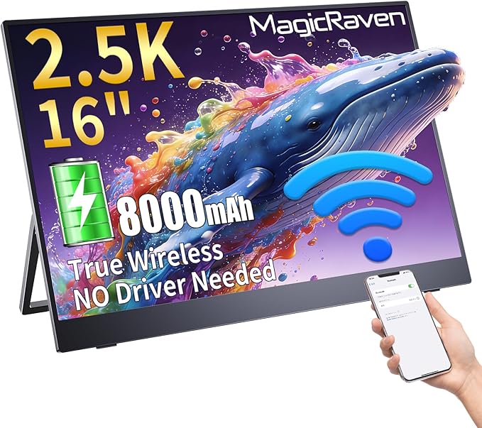 MAGICRAVEN Wireless Portable Monitor with Battery- 16" 2.5K IPS Second Screen for Travel/Office, AirPlay & Miracast Casting, Up to 4 hrs Use, No Cables or Drivers Needed, Works with Laptop/PC/Phone